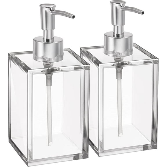 Clear Acrylic Reusable Kitchen Soap Dispenser, Elegant Soap Dispenser Bathroom Sink Hand Sanitizer Dispenser with Rust Proof Stainless Steel Pump, Square Bathroom Soap Dispenser Set | 12 oz, 2 Pack