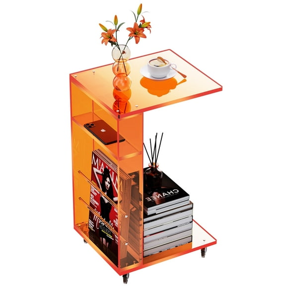 Clear Acrylic Rolling Side Table, C Shaped Table with Wheels, Fit for Small Spaces, Living Room, Bedroom (Clear)