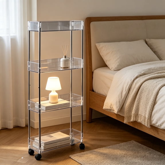 Clear Acrylic Rolling Storage Cart, 4 Tier Slim Narrow Multi Function Trolley, Space Saving Organizer For Bathroom Kitchen Clear