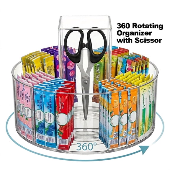 Clear Acrylic Rotating Drink Packet Organizer with Scissors, 4-Compartment Lazy Susan Turntable for Kitchen Counter and Pantry
