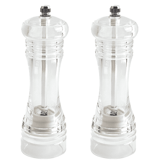 Clear Acrylic Salt and Pepper Grinder Set, Refillable Sea Salt & Pepper Grinder, Kitchen Pepper Shaker, Manual Grinder, 2 Piece Set, 6 inch, Clear, Adjustable Coarseness, Stainless Steel Mechanism