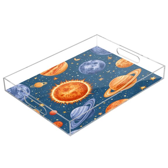 Clear Acrylic Serving Tray Transparent Decorative Tray for Tea Cup Food Cosmetics Bathroom & Kitchen Sundries Storage Cosmic Sun Planet Orbit