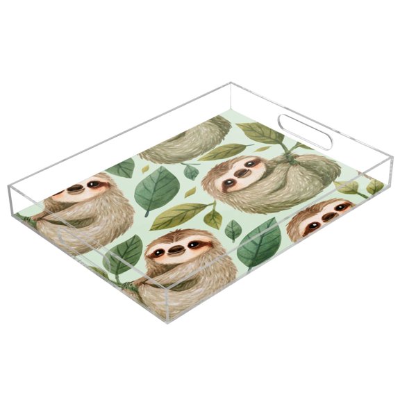 Clear Acrylic Serving Tray Transparent Decorative Tray for Tea Cup Food Cosmetics Bathroom & Kitchen Sundries Storage Green Sloth Lazy Day