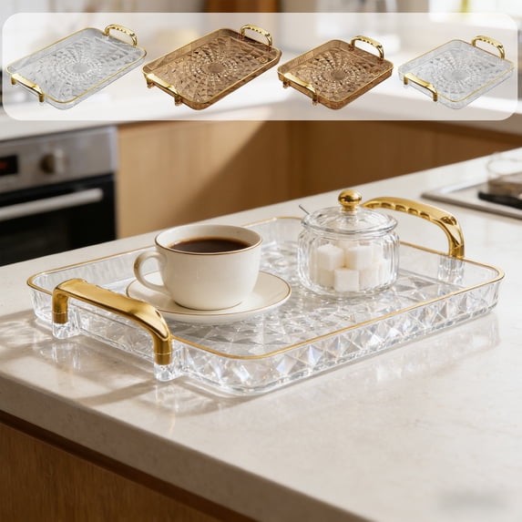 Clear Acrylic Serving Tray with Handles, Rectangular Food & Fruit Tray for Snacks, Dessert, Tea Cups, Living Room & Party Use