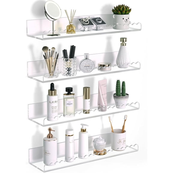 Clear Acrylic Shelves, 4 Pack 12 Inch Scalloped Edge Wall Mounted Floating Shelves, Pop Shelves, Invisible Bathroom Shelf Book Shelf, CD Shelf for Home Deco (Clear Scalloped Edge 4 Pack)