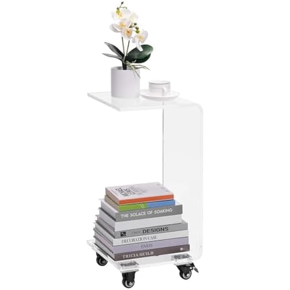 Clear Acrylic Side Table - Glass C Shaped Table 66 x 30 x 30 cm (26" x 11.8" x 11.8") - Clear End Table with Wheels - Rolling Sofa Tables for Living Room$$Furniture