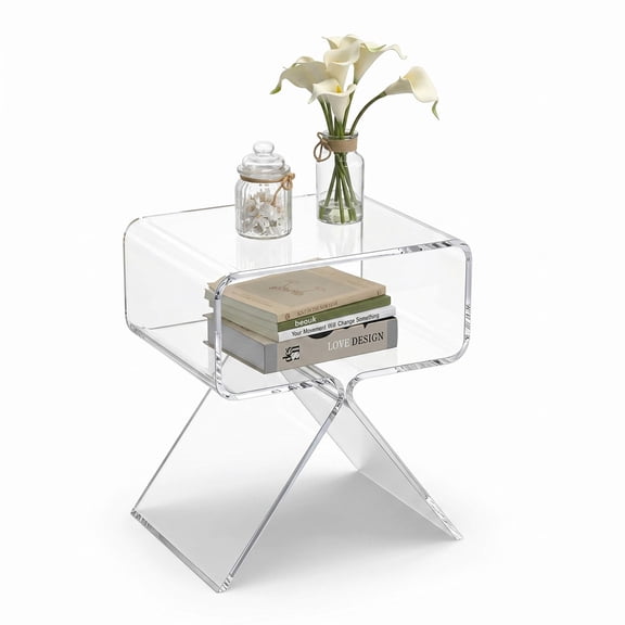 Clear Acrylic Side Table One-Piece Molding, 15.35x11.81 Inch Short Nightstand with Storage Compartment, Modern Transparent End Table for Bedroom Sofa Window Sill