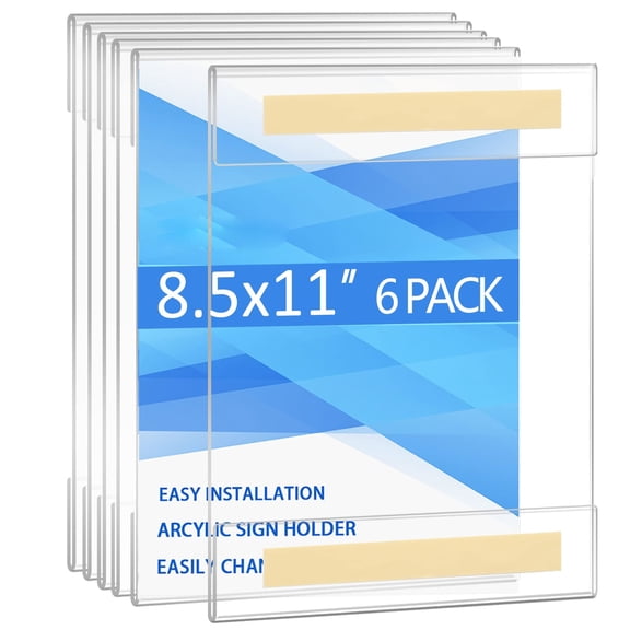 Clear Acrylic Sign Holder 8.5 x 11 Wall Mount, 6 Pack Vertical Frames with Tape, No Drill Office Home Restaurant Sign Holder, Durable Plastic Display Frame for Menus Photos , Clear