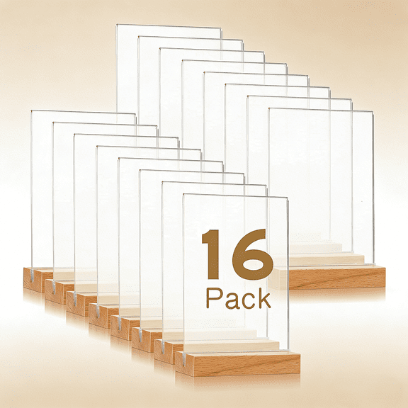 Clear Acrylic Sign with Wood Base T Shape Sign Holder Vertical Blank Stands Desktop Display Plastic Menu Frame Double Sided Flyer Stand