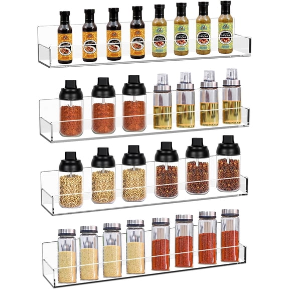 Clear Acrylic Spice Rack, Wall Mounted, 15 inch, 4 PCS | Floating Shelf, Removable End Guards, For Kitchen Cabinet Door Cupboard Bathroom, Holds Jars Nail Polish Books Toiletries