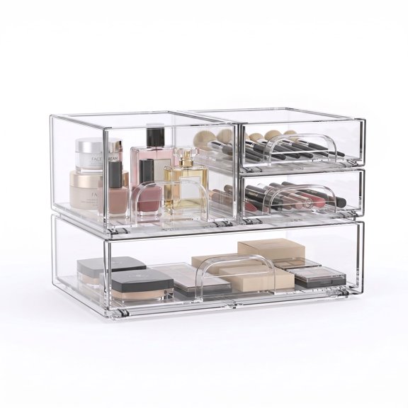 Clear Acrylic Stackable 3-Drawer Makeup Organizer with Handles, Dustproof Cosmetic Display Case