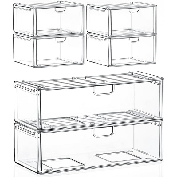 Clear Acrylic Stackable Storage Drawers Set of 6, Plastic Storage Organizer for Makeup, Vanity, Bathroom, Cabinet, Pantry, Durable and Multi-Functional Storage Solution
