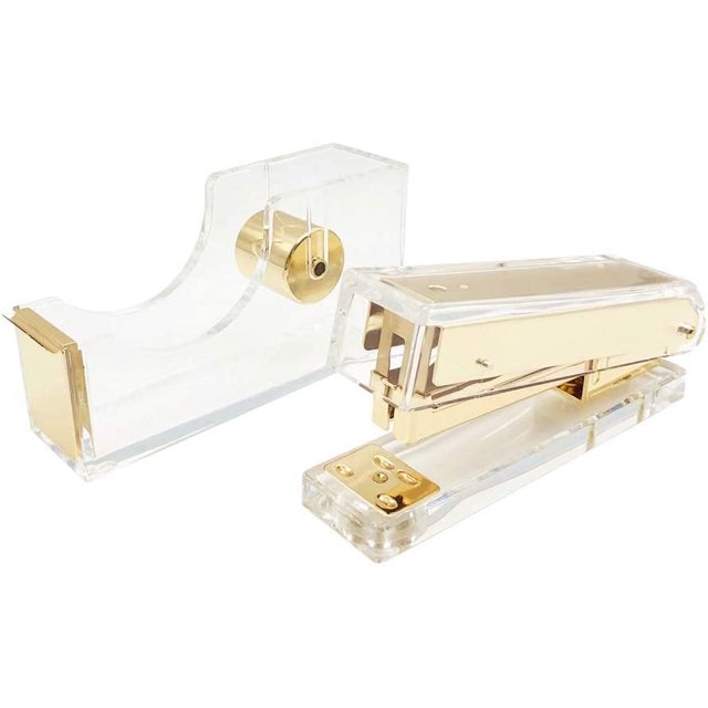 Clear Acrylic Stapler Gold Tone Tape Dispenser Holder Set Dress Up Home