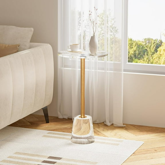 Clear Acrylic Table, Round Modern Side Table, Small End Table, Brushed Brass Metal, Acrylic Furniture for Office, Living Room and Bedroom, 12" L x 12" W x 21.65" H