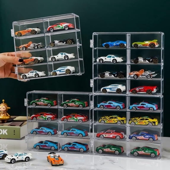 Clear Acrylic Toy Car Display Case, 1/64 Scale Mini Car Showcase Display, Matchbox Car Storage Box for Mini Toy Display, 8 Compartments, 2 Pack (4pcs)