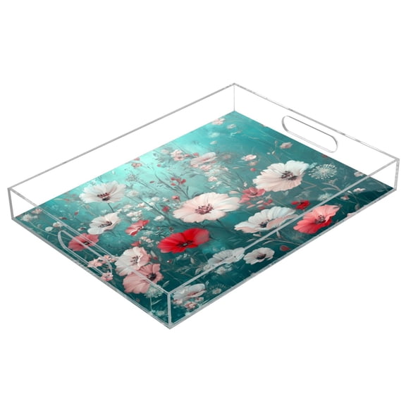 Clear Acrylic Tray Water Cup Tray Teacup Jewelry Storage Tray for Serving and Home Decor Beautiful Floral Pattern