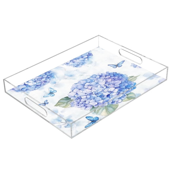 Clear Acrylic Tray Water Cup Tray Teacup Storage Tray for Serving and Home Decor Blue Hydrangea Pattern