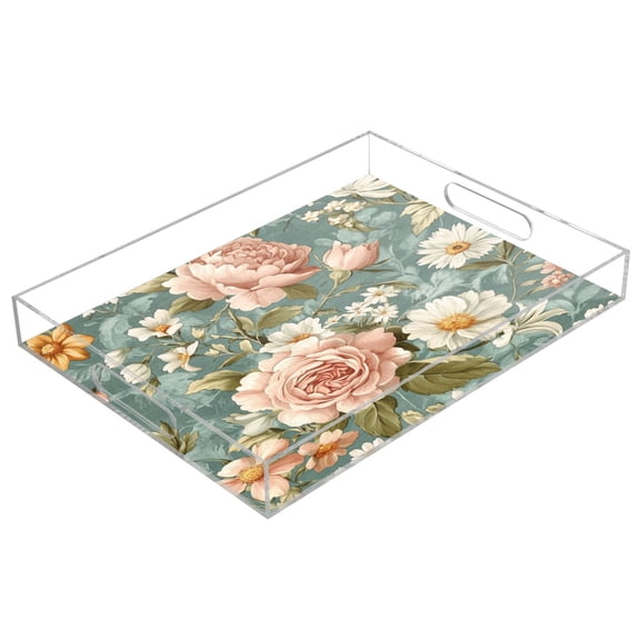 Clear Acrylic Tray Water Cup Tray Teacup Jewelry Storage Tray for Serving and Home Decor Daisies and Lilies