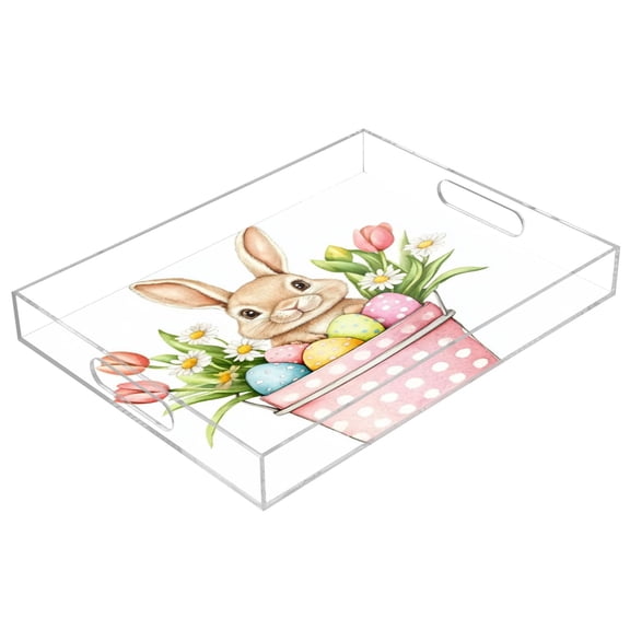 Clear Acrylic Tray Water Cup Tray Teacup Jewelry Storage Tray for Serving and Home Decor Easter Bunny and Bucket