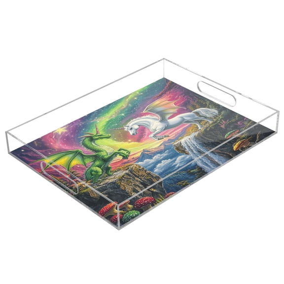 Clear Acrylic Tray Water Cup Tray Teacup Jewelry Storage Tray for Serving and Home Decor Green Dragon and White Unicorn