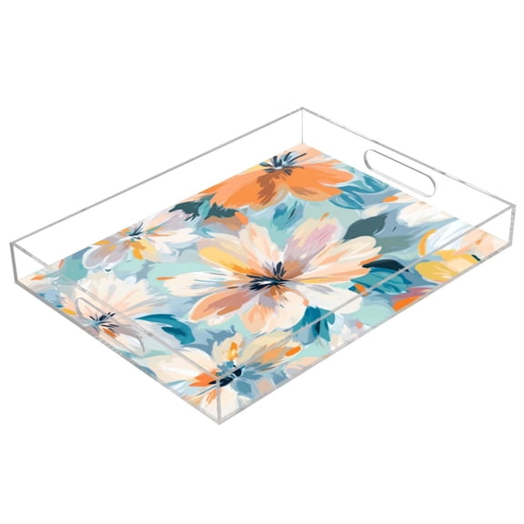 Clear Acrylic Tray Water Cup Tray Teacup Jewelry Storage Tray for Serving and Home Decor Oversized Flowers Pattern