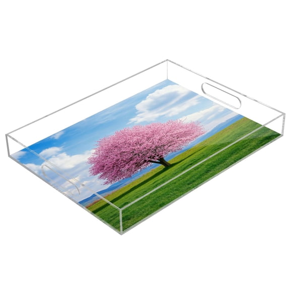 Clear Acrylic Tray Water Cup Tray Teacup Jewelry Storage Tray for Serving and Home Decor Pink Cherry Blossom Tree