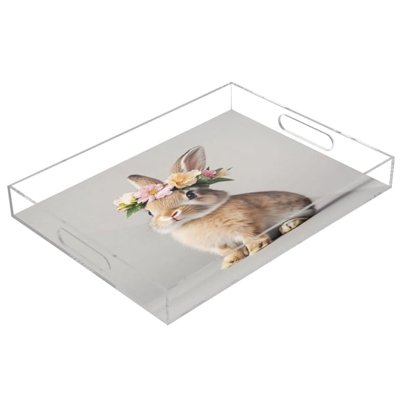 Clear Acrylic Tray Water Cup Tray Teacup Jewelry Storage Tray for Serving and Home Decor Rabbit with Flower Crown