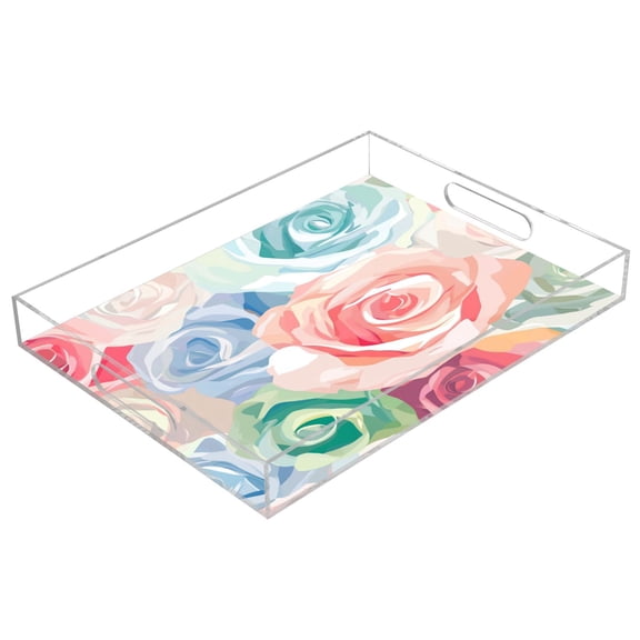 Clear Acrylic Tray Water Cup Tray Teacup Jewelry Storage Tray for Serving and Home Decor Roses Pattern