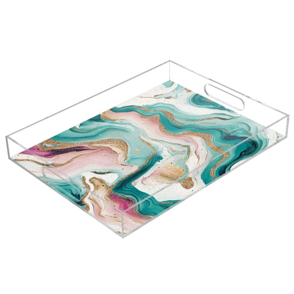 Clear Acrylic Tray Water Cup Tray Teacup Jewelry Storage Tray for Serving and Home Decor Teal Swirling Marble Pattern