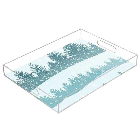 Clear Acrylic Tray Water Cup Tray Teacup Jewelry Storage Tray for Serving and Home Decor Winter Forest with Snowflakes and Pine