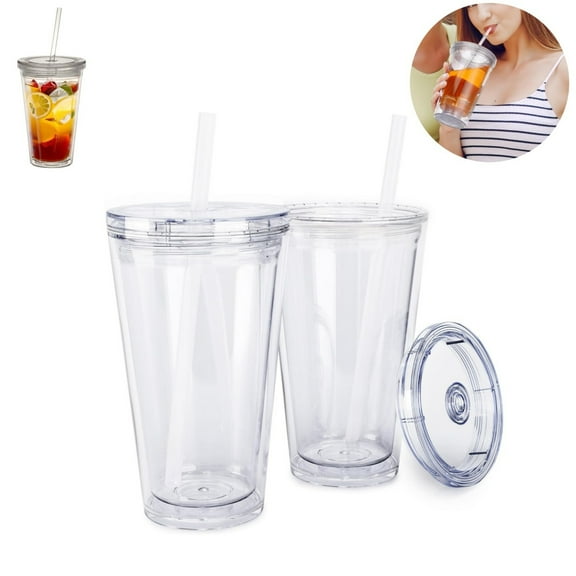 Clear Acrylic Tumbler,Double Wall Plastic Cups,Reusable Iced Coffee Cup with Straw and Lid,16oz Clear Tumbler for Home,Travel,2pack