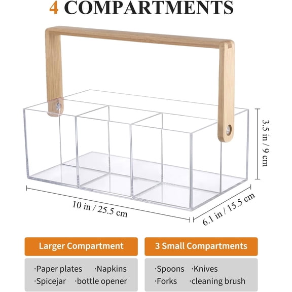 Clear Acrylic Utensil Caddy with Handle, 4-Compartment Silverware Holder for Forks, Spoons, Knives & Plates, Portable Kitchen Organizer Caddy for Countertop & Parties