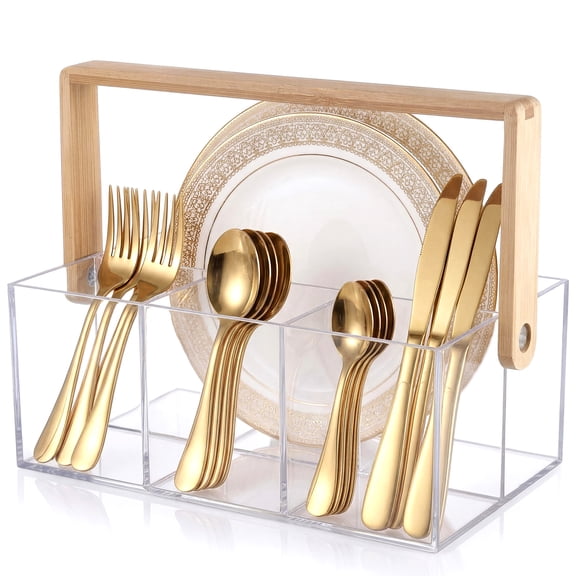 Clear Acrylic Utensil Caddy Organizer 4 Compartments with Handle, Durable Space-Saving Storage for Forks Spoons Knives, Portable Cutlery Holder for Kitchen – 25.5x15.5x9 cm