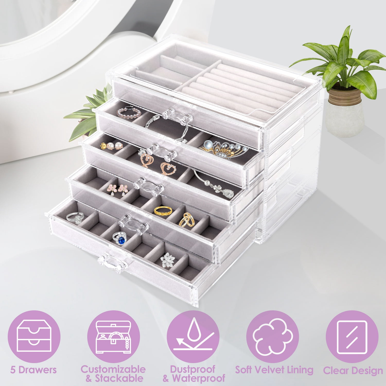 Clear Acrylic Velvet Jewelry Storage Case Stackable Jewelry Box ...