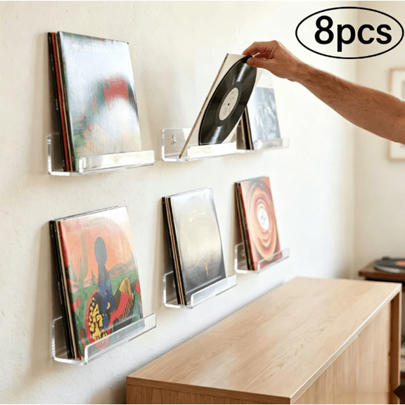 Clear Acrylic Vinyl Record Shelf Wall Mount Set of Multiple Album Display Holders, Minimalist Record Stand for Home Decor, Sturdy & Transparent Design