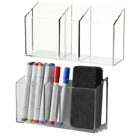 Clear Acrylic Wall Mount Marker Holder, Compartments Adhesive Whiteboard Dry Erase Marker & Eraser Organizer, No Drill Wall Storage Caddy for Office, Classroom, Home,A
