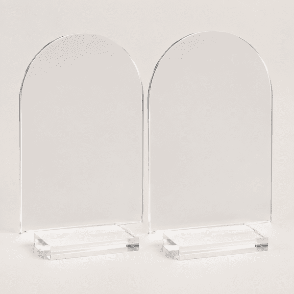 Clear Acrylic Wedding Signs- 5x7 Inch Clear Arch Acrylic Table Signs 1/8" Thick and Stand, Modern Calligraphy White Letters Reception Signs for Wedding Event Party