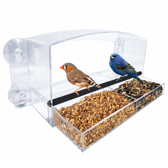 Clear Acrylic Window Bird Feeder with Strong Suction Cups, Removable Sliding Seed Tray, Weather Resistant Easy Clean Dome Design for Window Bird Watching