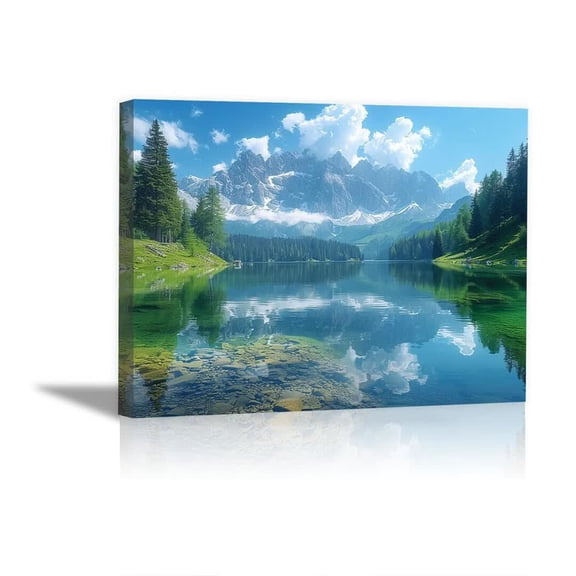 Clear Alpine Mountain Green Lake Forest Scenery Framed Canvas Art Prints for Office Bedroom Apartment Decor, Ready to Hang12"L x 8"W