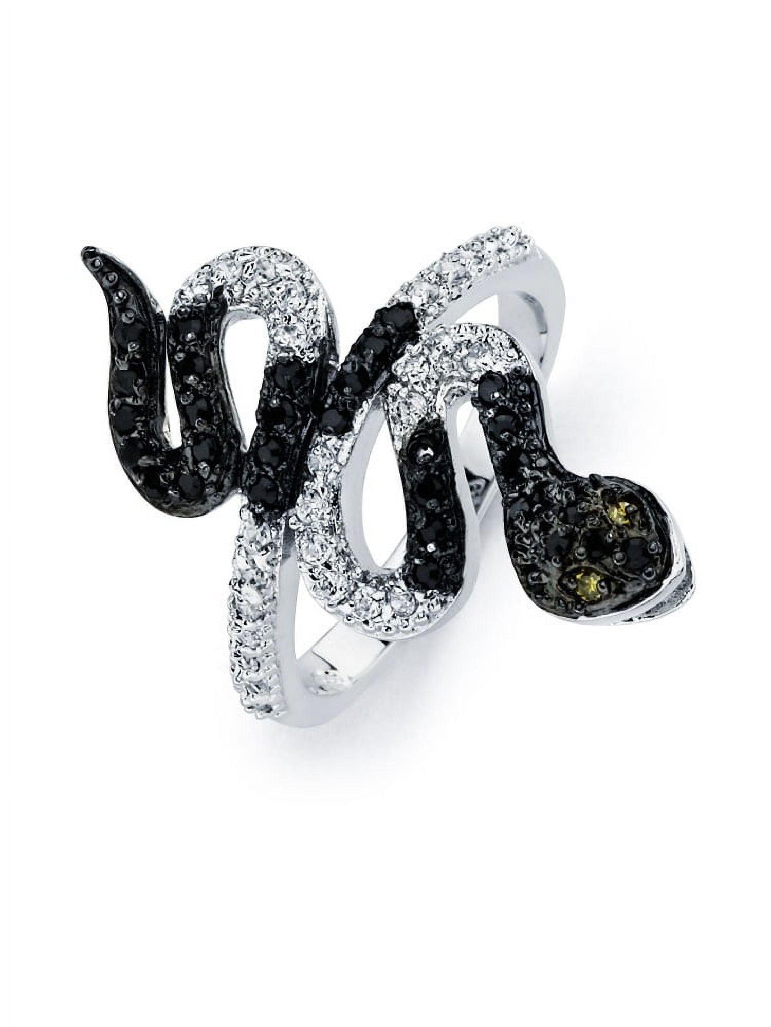 Clear And Black Cubic Zirconia Snake Ring Two Tone Rhodium Plated