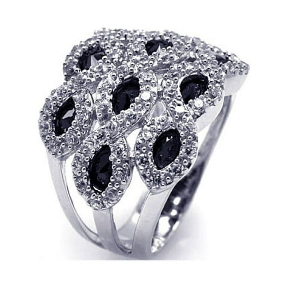 Clear And Black Marquise Cubic Zirconia Cigar Band Ring Rhodium Plated Sterling Silver Size 8