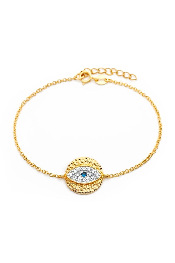 Clear And Blue Pave Set Cubic Zirconia Evil Eye Bracelet Gold-Tone Plated Sterling Silver