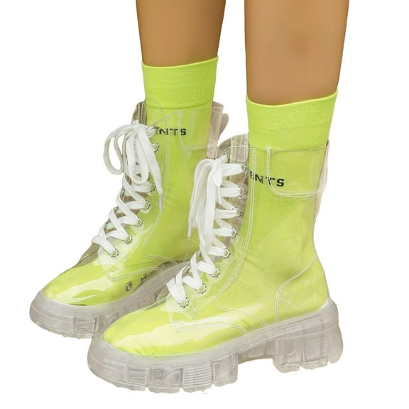 Clear Ankle Boots for Women with Yellow Socks Lace up Round Toe Platform Trendy Mid Calf Combat Booties