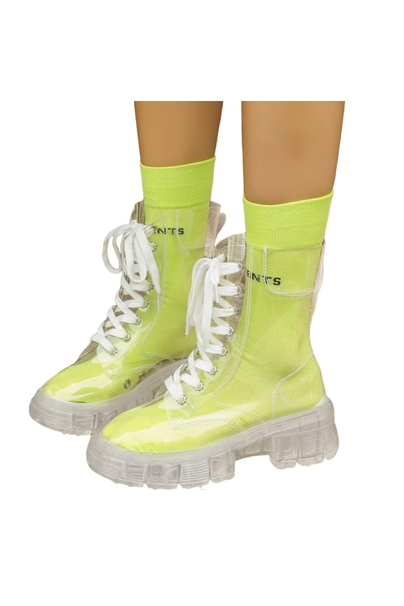 Clear Ankle Boots for Women with Yellow Socks Lace up Round Toe Platform Trendy Mid Calf Combat Booties