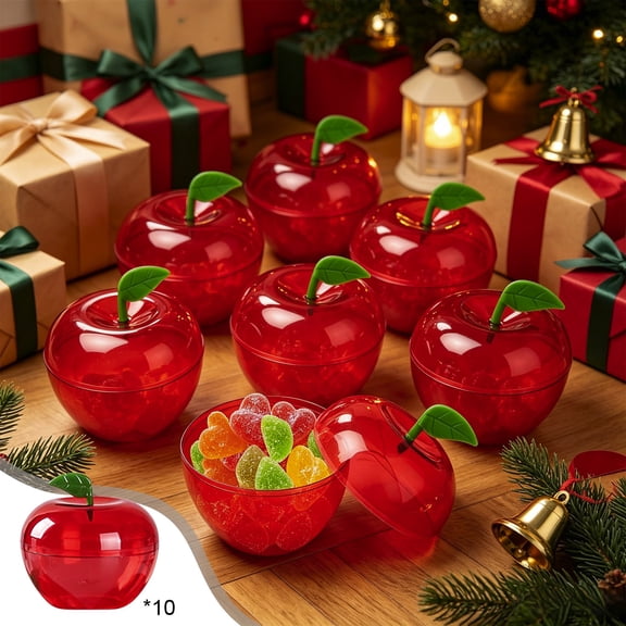 Clear Apple Container Plastic Candy Box, Red Apple Gift Boxes with Green Leaf, Split Design, See-Through Favor Boxes for Wedding Christmas Party