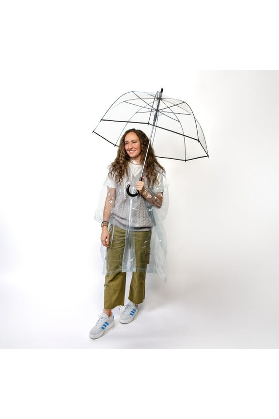 Clear Auto Open Bubble Stick Umbrella + Clear Poncho 2-Pack