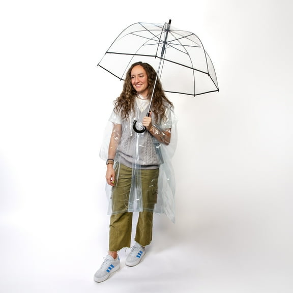 Clear Auto Open Bubble Stick Umbrella + Clear Poncho 2-Pack