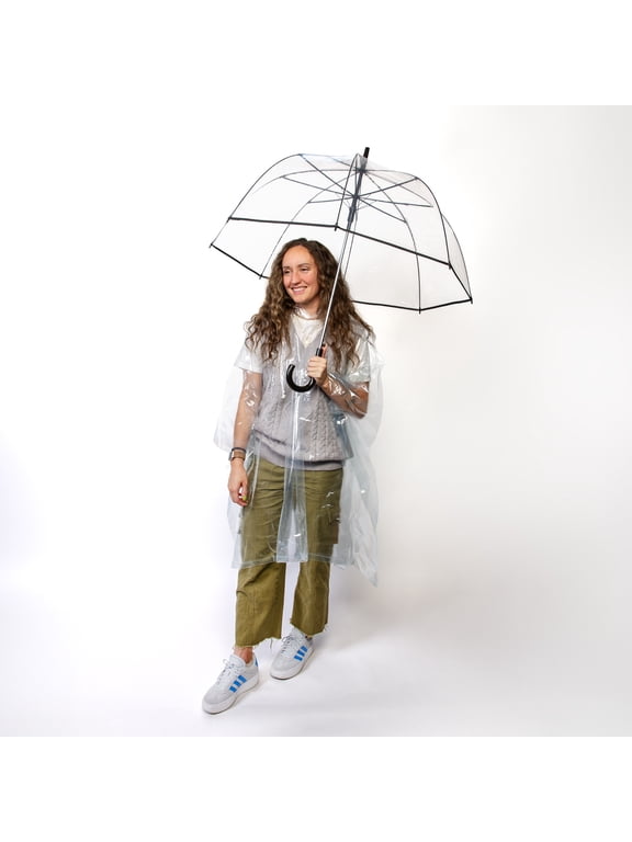 Clear Auto Open Bubble Stick Umbrella + Clear Poncho 2-Pack