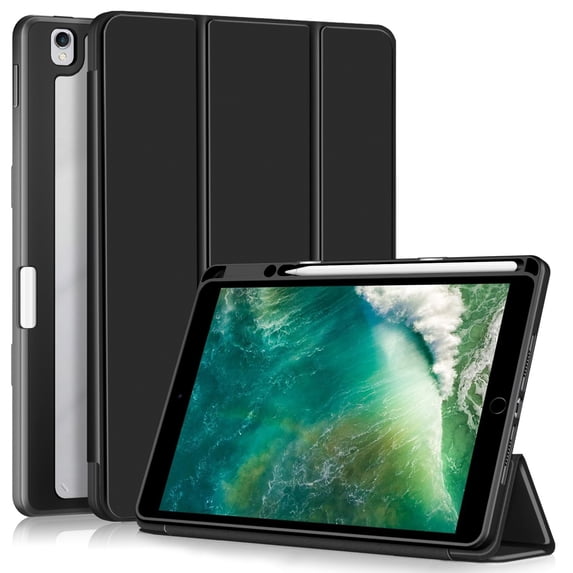 Clear Back Cover for Apple iPad 9th 8th 7th Generation, Trifold Multi Angle Viewing Stand Auto Sleep Wake Shockproof Build in Pencil Holder Full Protection Case for iPad 10.2" 2022/2021/2019,Black