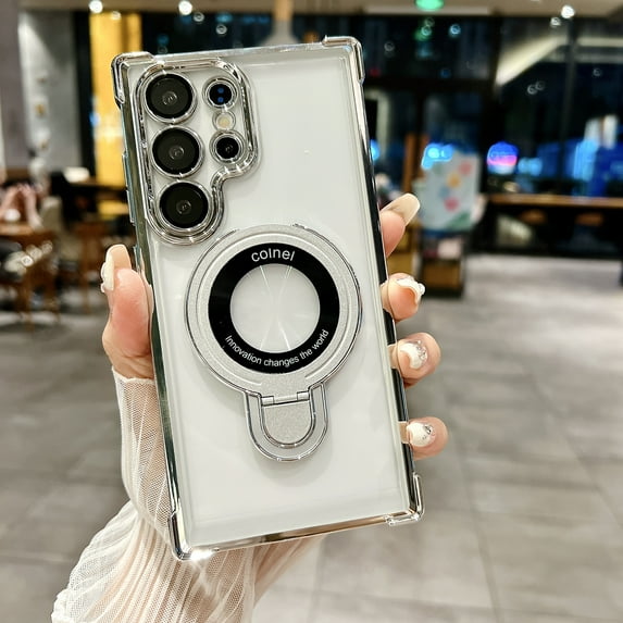 Clear Back Plating Case for Samsung Galaxy Note 20 Ultra - Stylish Design with Ring Kickstand and Lens Protector Wireless Charging Anti-scratch Case Cover Compatible with Note 20 Ultra, Silver